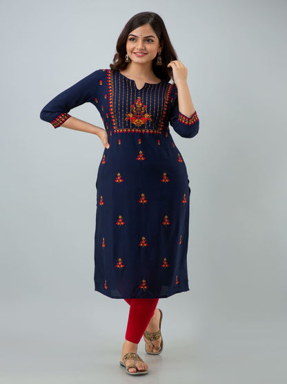 Rayon Embroidery Straight 3/4 Sleeves Round Neck Calf Kurta
