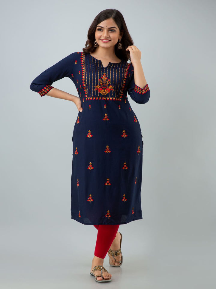 Rayon Embroidery Straight 3/4 Sleeves Round Neck Calf Kurta