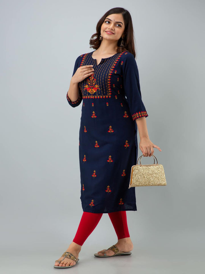 Rayon Embroidery Straight 3/4 Sleeves Round Neck Calf Kurta