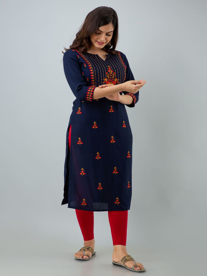 Rayon Embroidery Straight 3/4 Sleeves Round Neck Calf Kurta