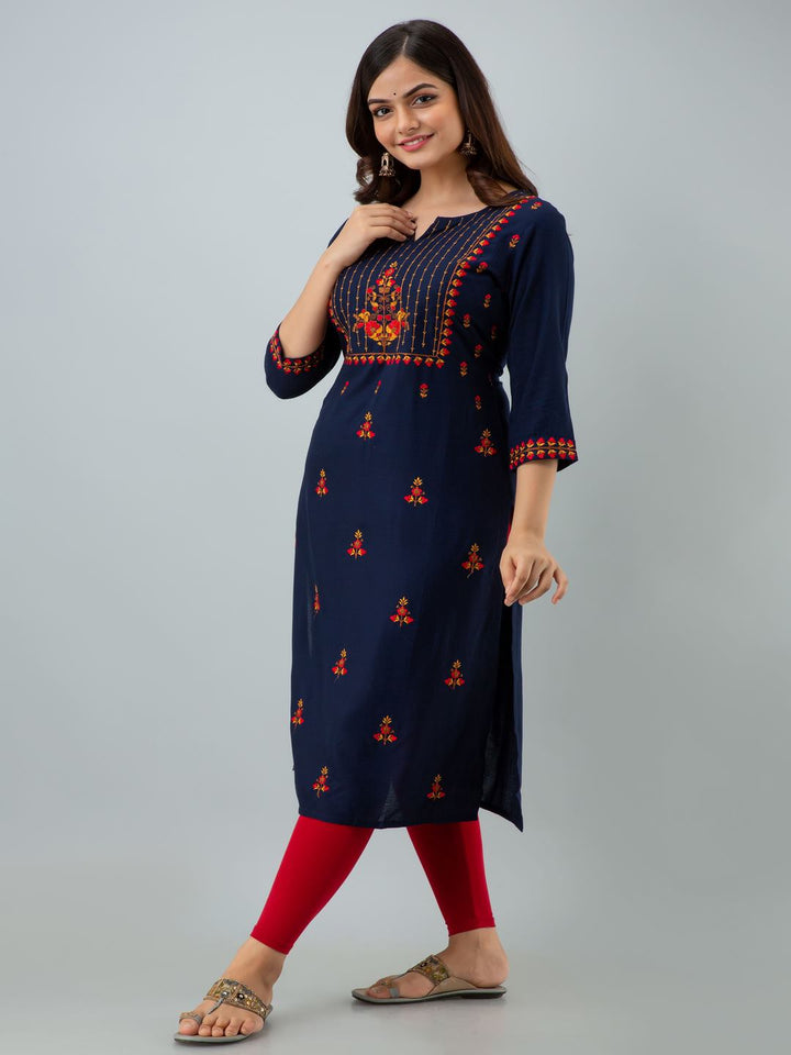 Rayon Embroidery Straight 3/4 Sleeves Round Neck Calf Kurta