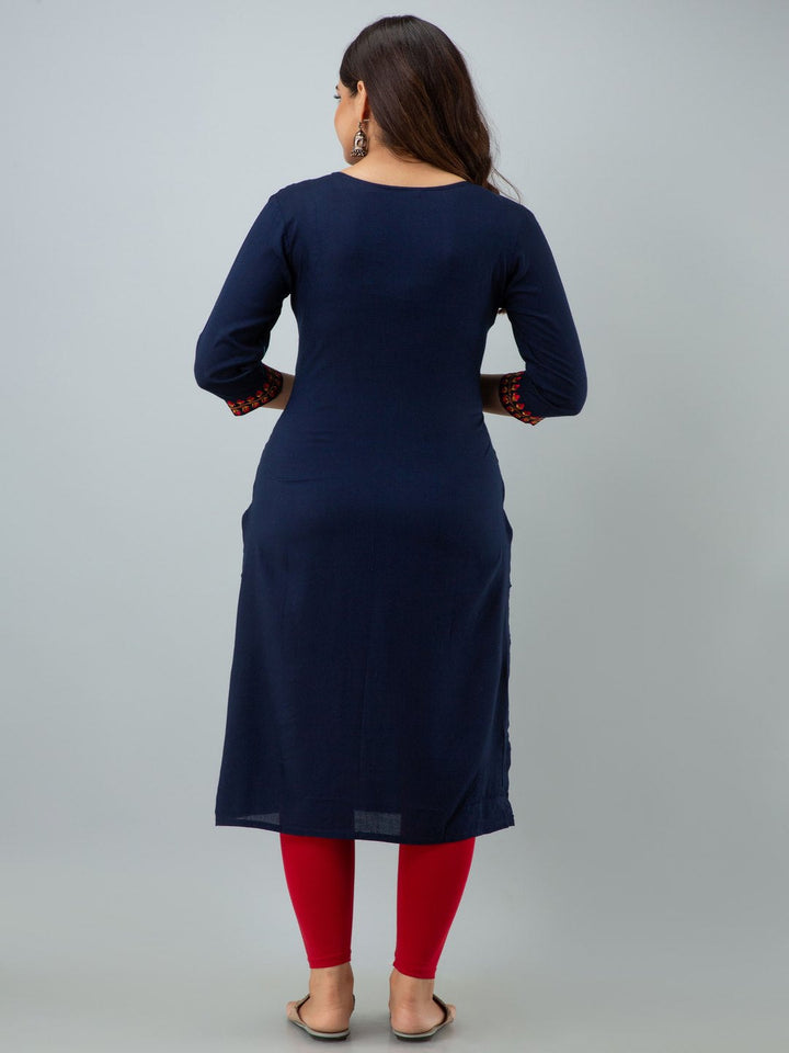 Rayon Embroidery Straight 3/4 Sleeves Round Neck Calf Kurta