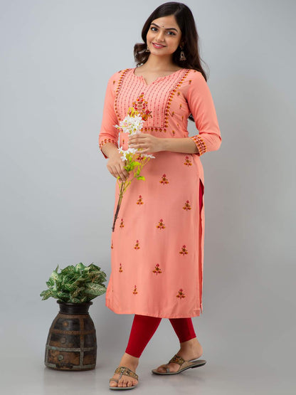 Rayon Embroidery Straight 3/4 Sleeves Round Neck Calf Kurta