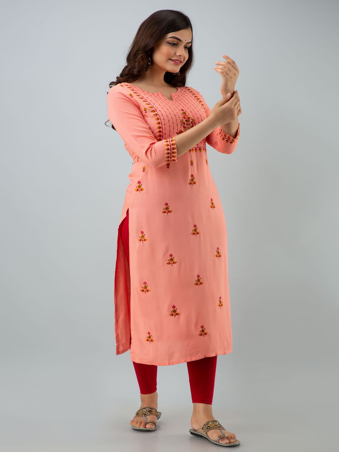 Rayon Embroidery Straight 3/4 Sleeves Round Neck Calf Kurta