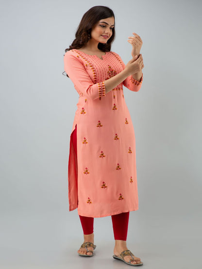Rayon Embroidery Straight 3/4 Sleeves Round Neck Calf Kurta