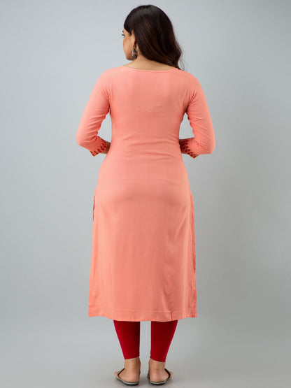 Rayon Embroidery Straight 3/4 Sleeves Round Neck Calf Kurta