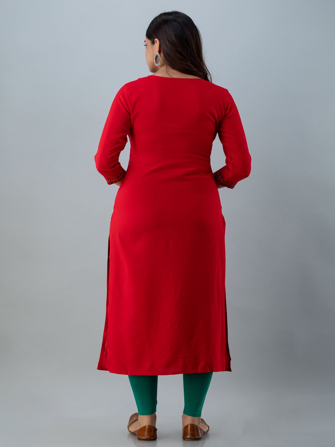 Rayon Embroidery Straight 3/4 Sleeves Round Neck Calf Kurta