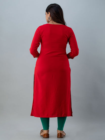 Rayon Embroidery Straight 3/4 Sleeves Round Neck Calf Kurta