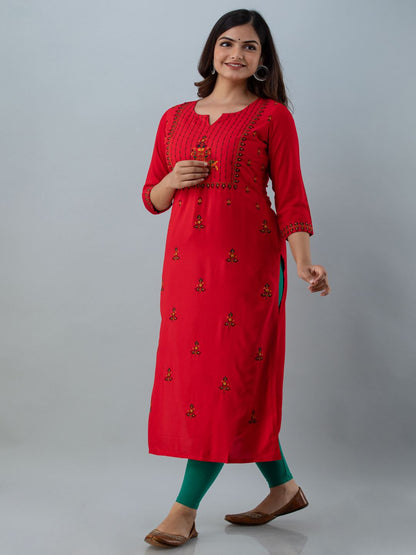 Rayon Embroidery Straight 3/4 Sleeves Round Neck Calf Kurta