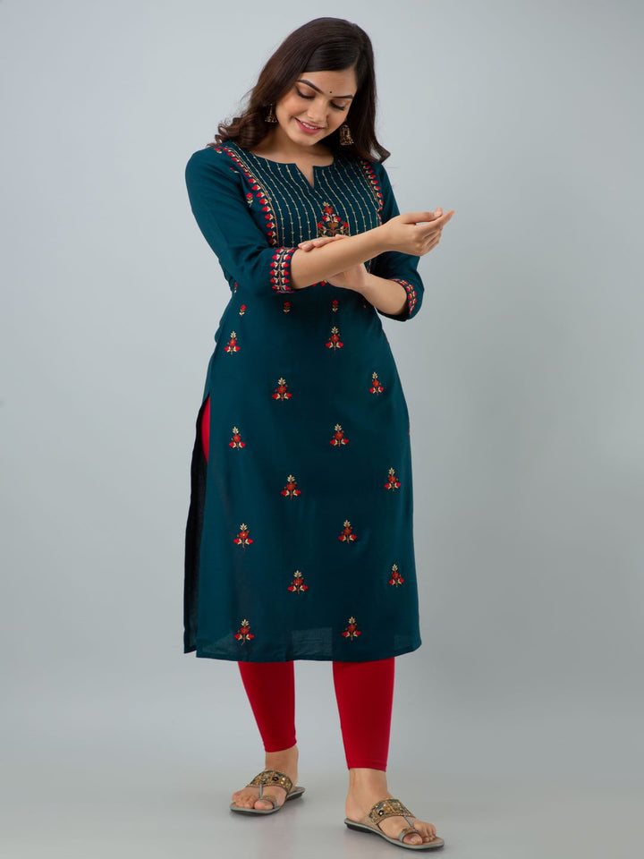 Rayon Embroidery Straight 3/4 Sleeves Round Neck Calf Kurta