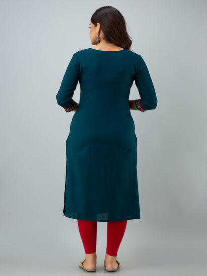 Rayon Embroidery Straight 3/4 Sleeves Round Neck Calf Kurta