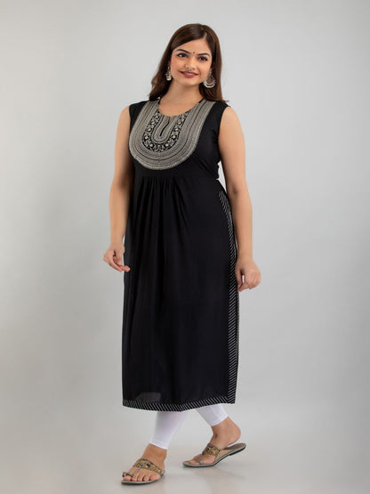 Rayon Embroidered Front slit Sleeveless Round Neck Calf Kurta
