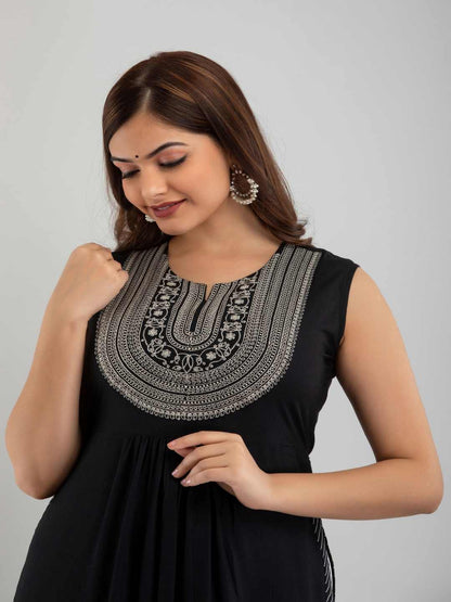 Rayon Embroidered Front slit Sleeveless Round Neck Calf Kurta
