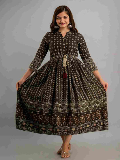 Printed Viscose Rayon Collar Neck 3/4 Sleeves Calf Flared Kurta