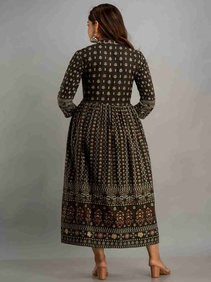 Printed Viscose Rayon Collar Neck 3/4 Sleeves Calf Flared Kurta