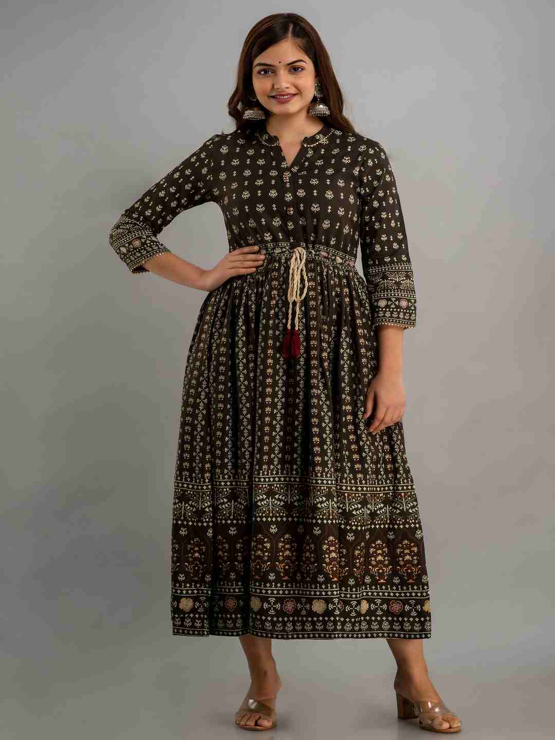 Printed Viscose Rayon Collar Neck 3/4 Sleeves Calf Flared Kurta
