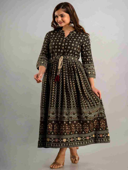 Printed Viscose Rayon Collar Neck 3/4 Sleeves Calf Flared Kurta