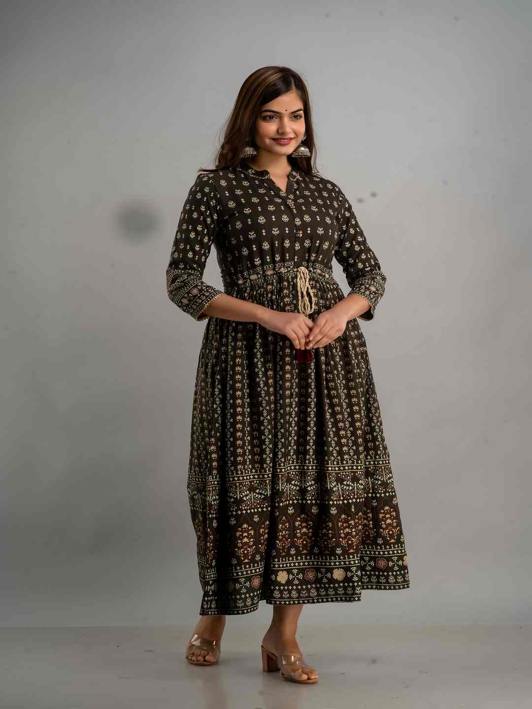 Printed Viscose Rayon Collar Neck 3/4 Sleeves Calf Flared Kurta