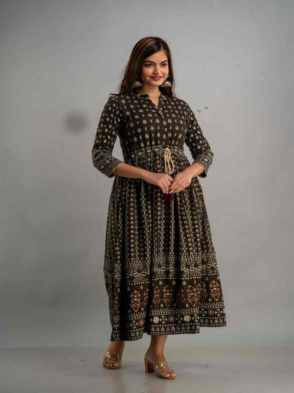 Printed Viscose Rayon Collar Neck 3/4 Sleeves Calf Flared Kurta
