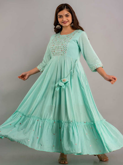 Embroidered Viscose Rayon Round Neck 3/4 Sleeves Ankle Flared Kurta