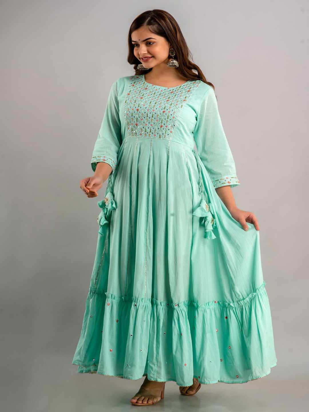 Embroidered Viscose Rayon Round Neck 3/4 Sleeves Ankle Flared Kurta