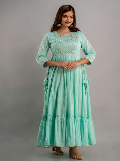 Embroidered Viscose Rayon Round Neck 3/4 Sleeves Ankle Flared Kurta