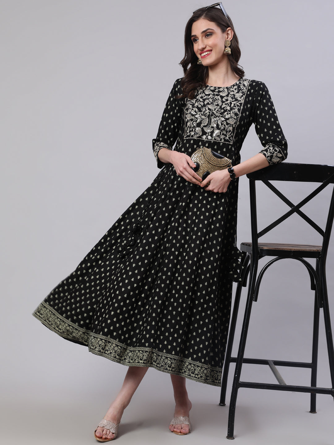 Rayon Embroidered Front slit  3/4 Sleeves Calf Kurta