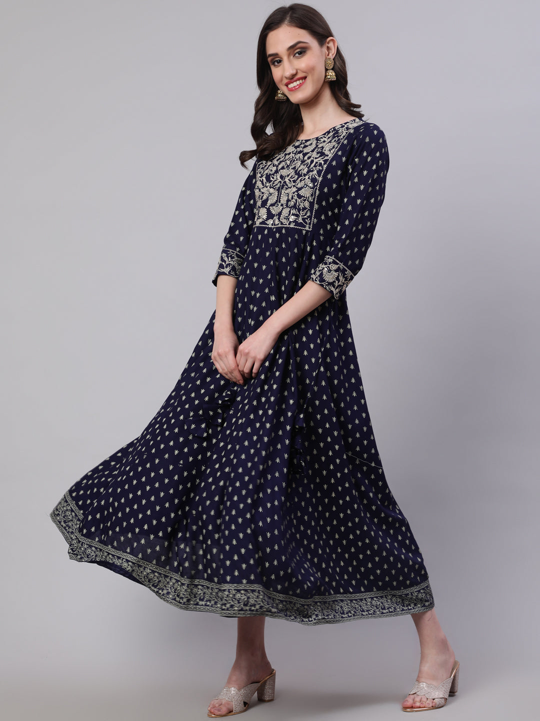 Rayon Embroidered Front slit  3/4 Sleeves Calf Kurta
