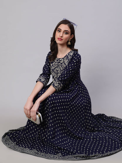 Rayon Embroidered Front slit  3/4 Sleeves Calf Kurta
