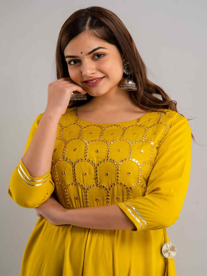 Embroidered Flared Round Neck 3/4 Sleeve Ankle Length Viscose Rayon Kurta