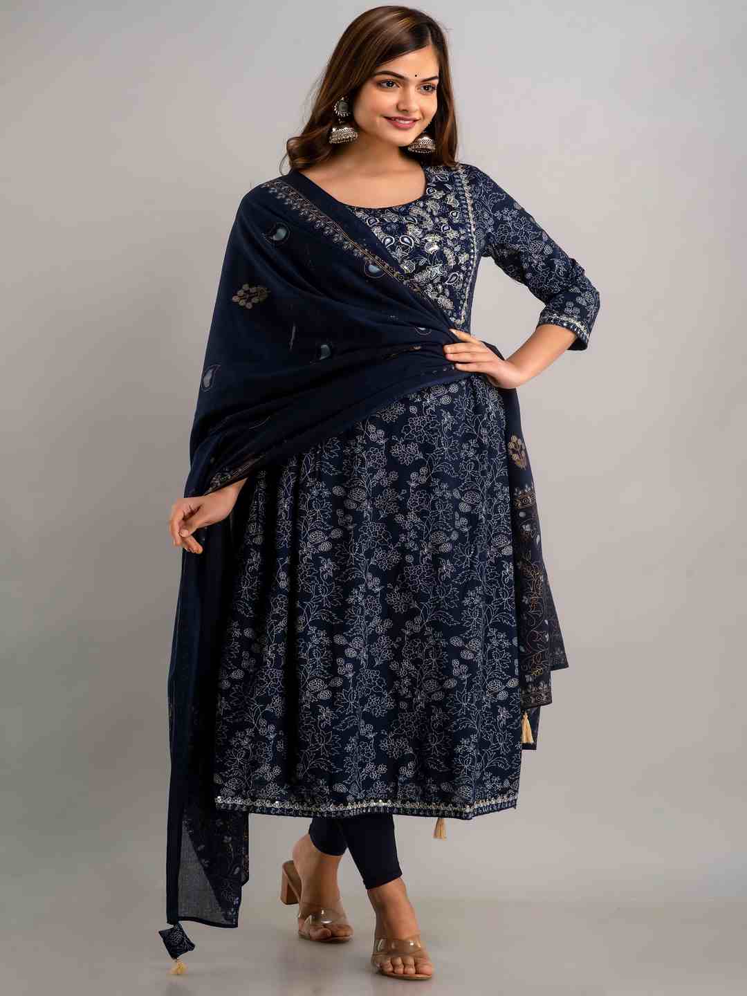 Embroidered A-line Round Neck 3/4 Sleeves Calf Length RAYON Kurta Dupatta Set