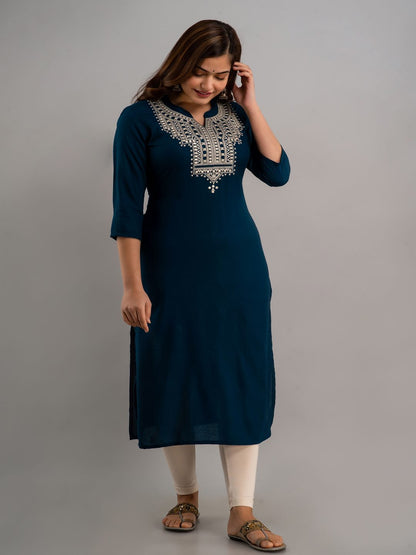 Embroidered Viscose Rayon Round Neck 3/4 Sleeves Calf Length Straight Kurta