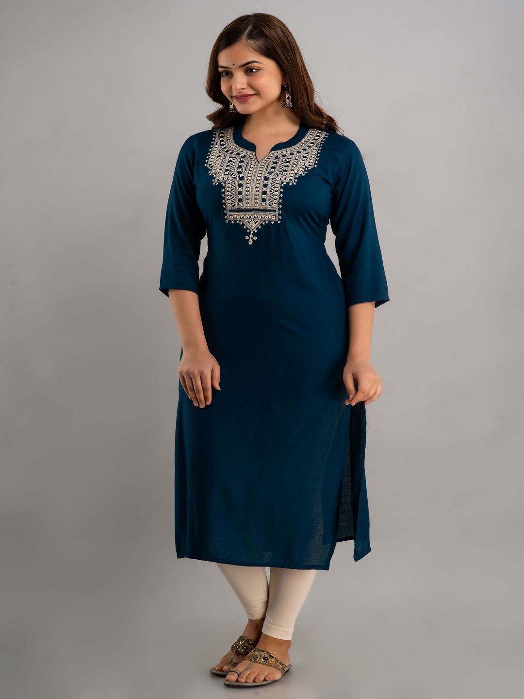 Embroidered Viscose Rayon Round Neck 3/4 Sleeves Calf Length Straight Kurta