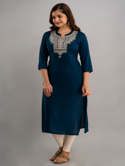 Embroidered Viscose Rayon Round Neck 3/4 Sleeves Calf Length Straight Kurta