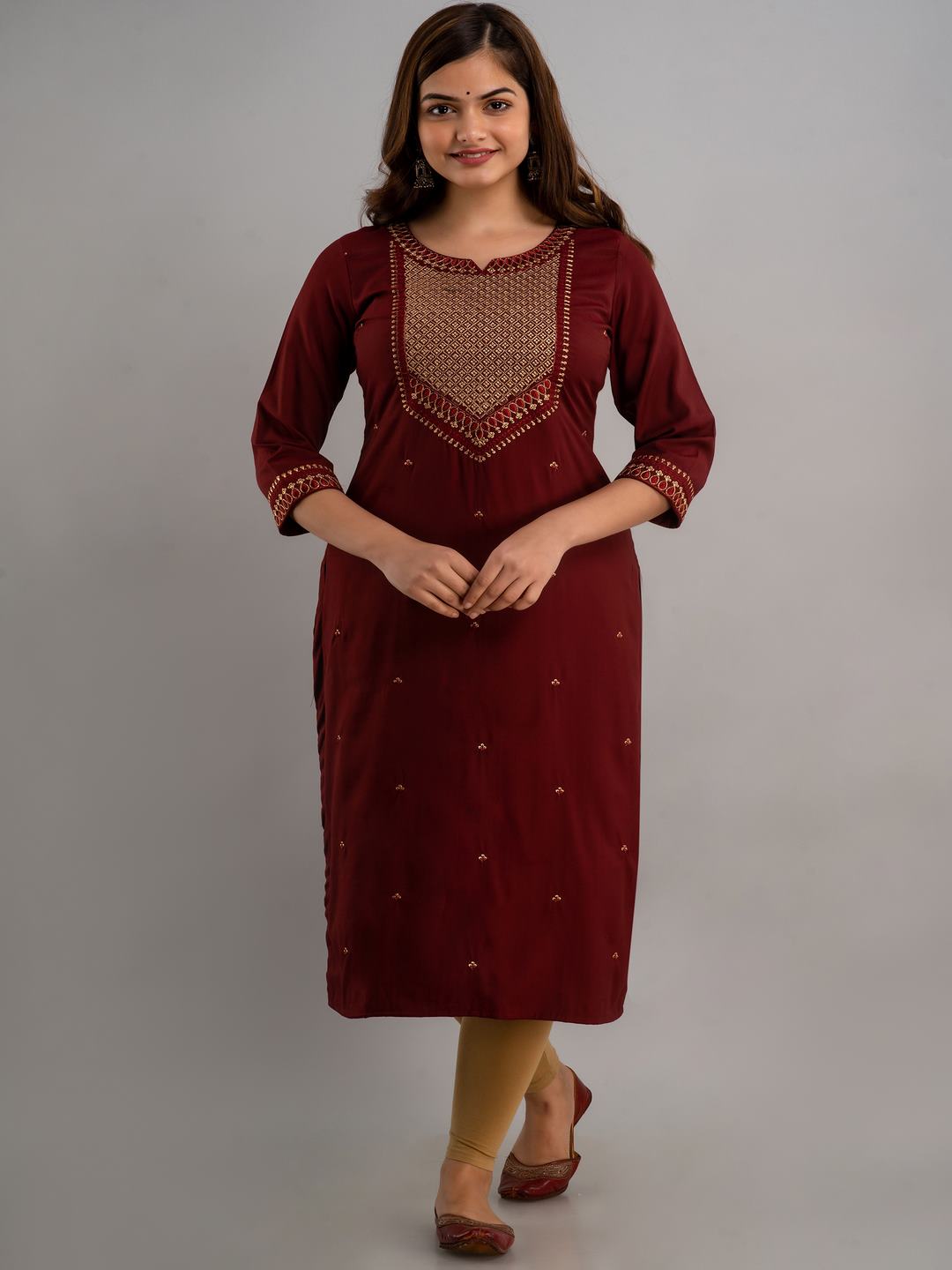 Embroidered Viscose Rayon Round Neck 3/4 Sleeves Calf Length Straight Kurta