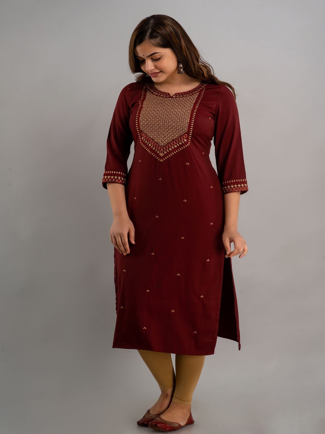 Embroidered Viscose Rayon Round Neck 3/4 Sleeves Calf Length Straight Kurta