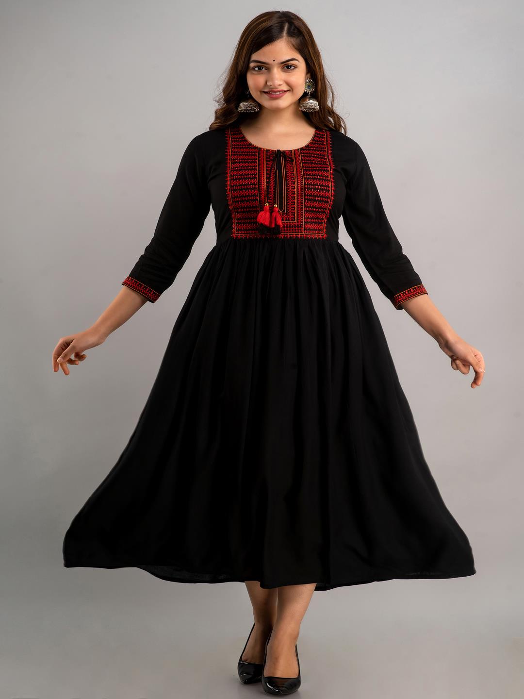 Embroidered Flared Round Neck 3/4 Sleeve Calf Length Viscose Rayon Kurta