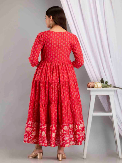 Cotton Calf Length Printed Flared 3/4 Sleeve Round Neck Kurta