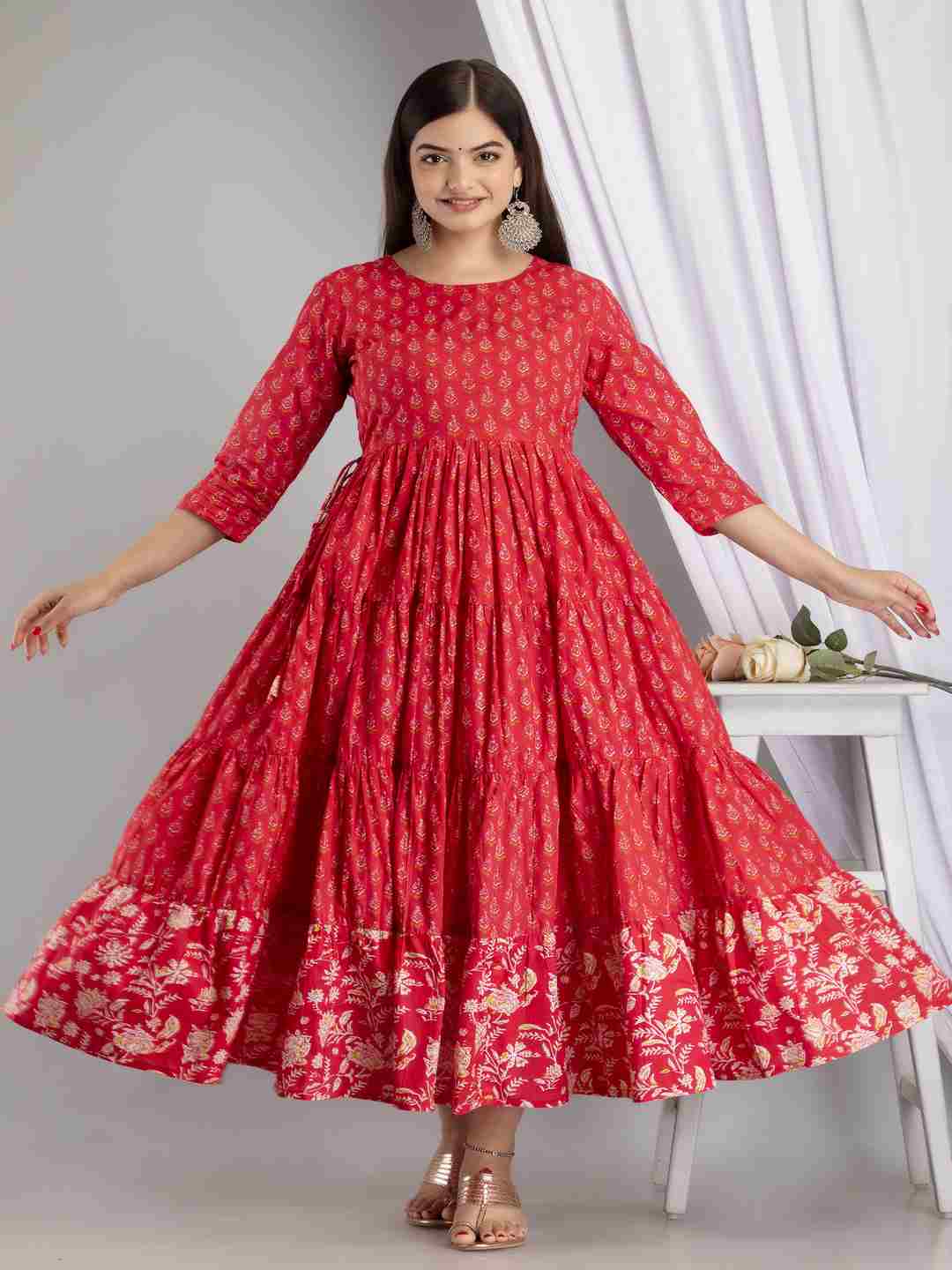 Cotton Calf Length Printed Flared 3/4 Sleeve Round Neck Kurta