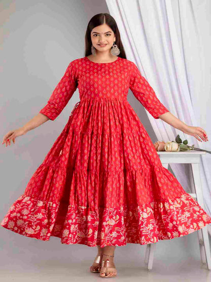 Cotton Calf Length Printed Flared 3/4 Sleeve Round Neck Kurta