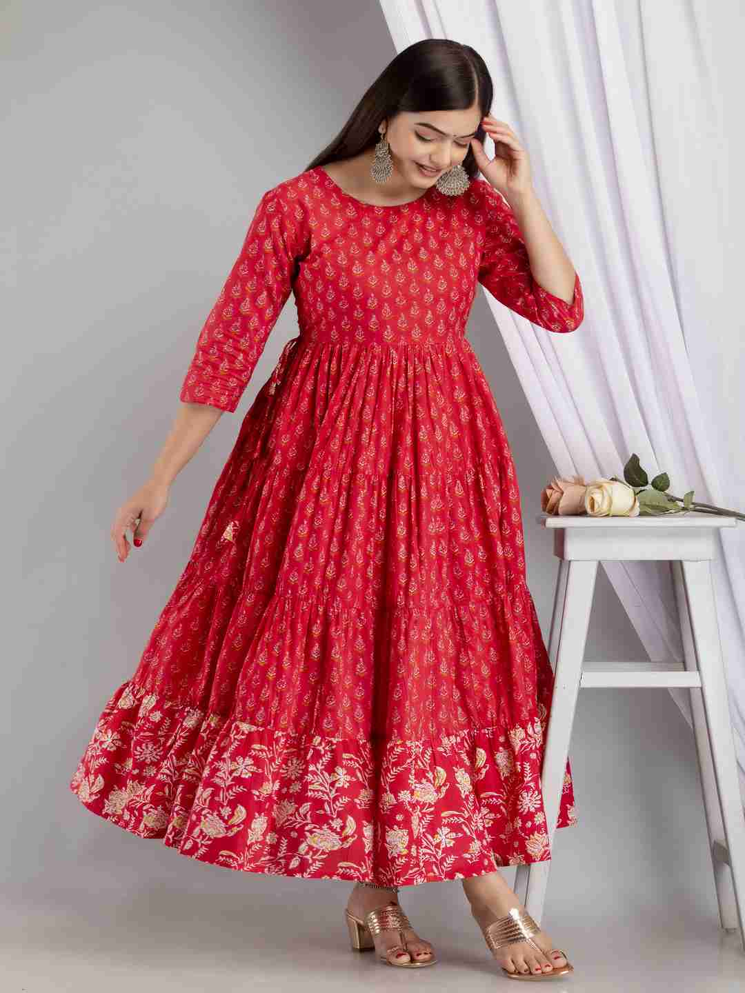 Cotton Calf Length Printed Flared 3/4 Sleeve Round Neck Kurta