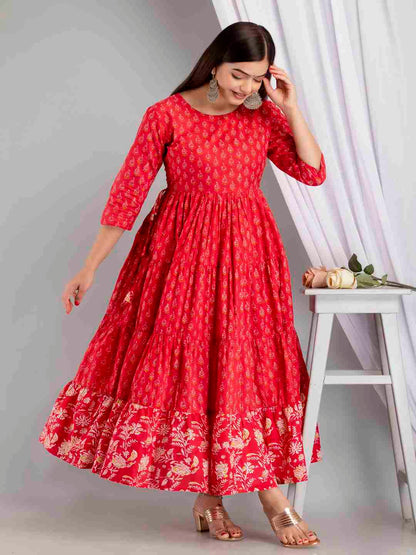 Cotton Calf Length Printed Flared 3/4 Sleeve Round Neck Kurta