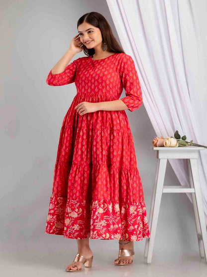 Cotton Calf Length Printed Flared 3/4 Sleeve Round Neck Kurta