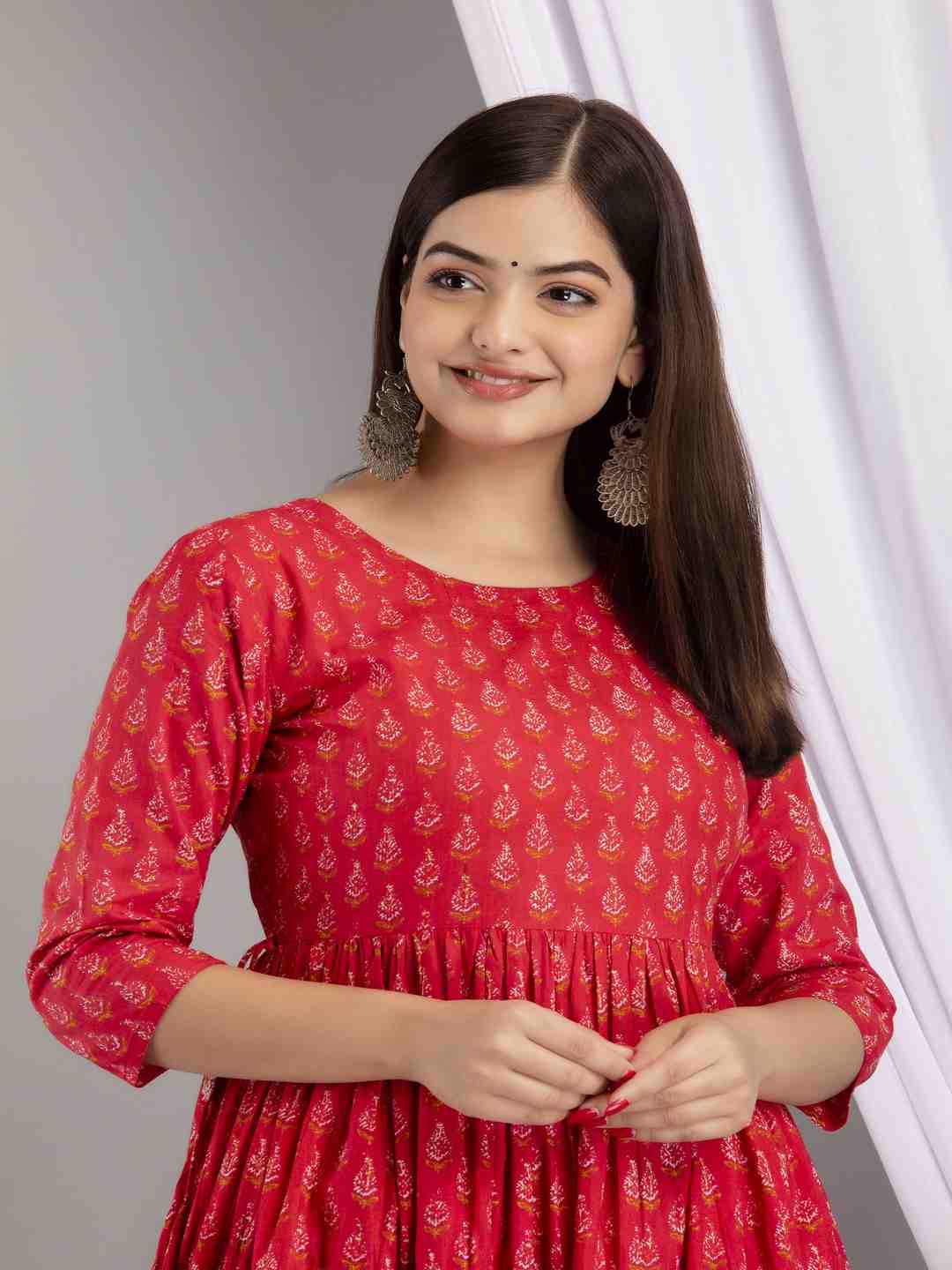 Cotton Calf Length Printed Flared 3/4 Sleeve Round Neck Kurta