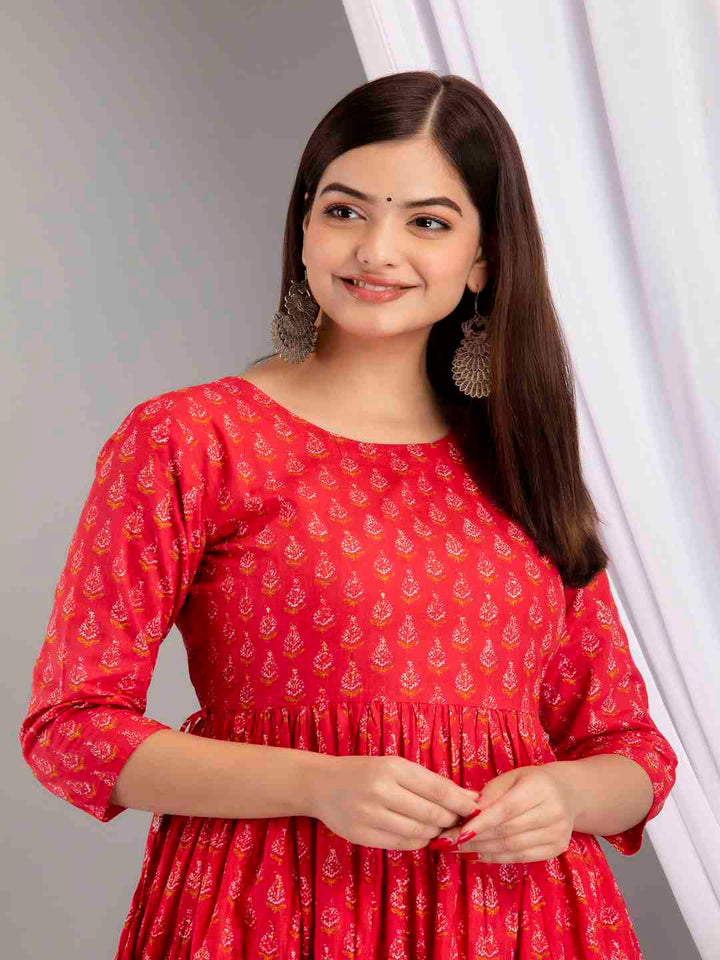 Cotton Calf Length Printed Flared 3/4 Sleeve Round Neck Kurta