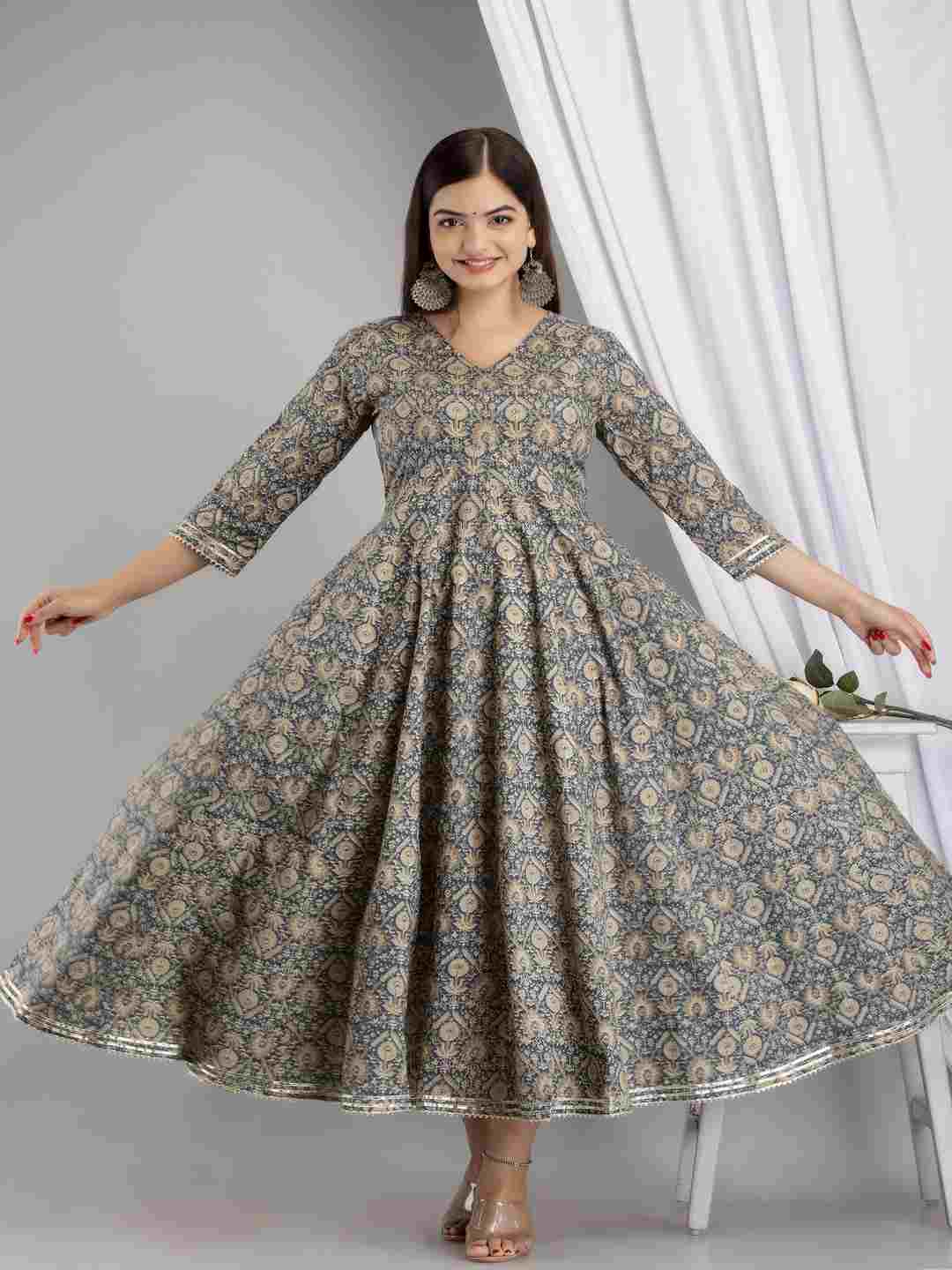 Cotton Calf Length Printed Flared 3/4 Sleeve V Neck Kurta