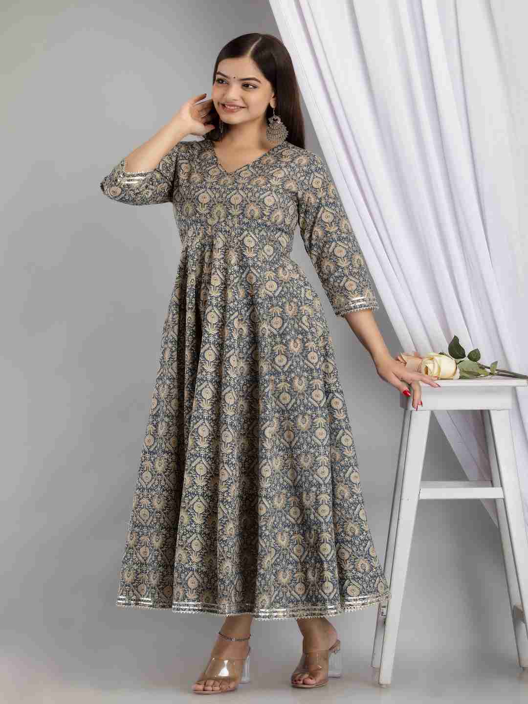 Cotton Calf Length Printed Flared 3/4 Sleeve V Neck Kurta