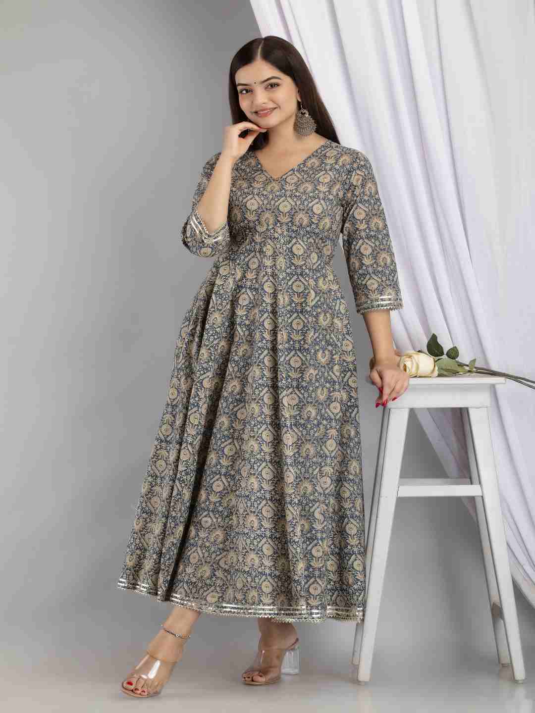 Cotton Calf Length Printed Flared 3/4 Sleeve V Neck Kurta