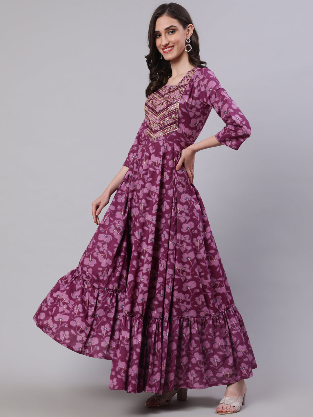 Cotton Embroidered Front slit  3/4 Sleeves Calf Kurta