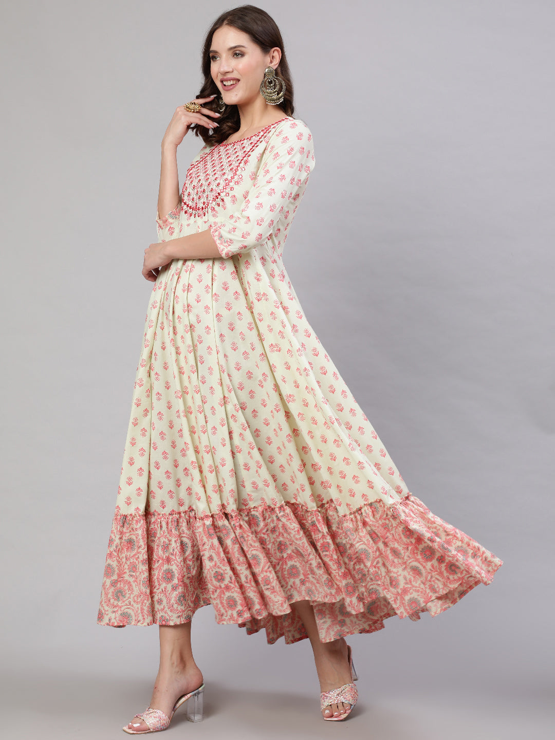 Rayon Ankle Length Flared 3/4 Sleeves Printed &amp; Embroidery  V Neck Kurta